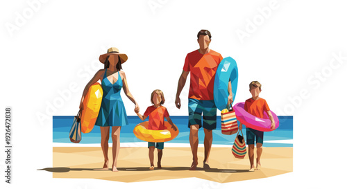 Low poly illustration of a family including mother, father, son, and daughter walking on a sunny beach carrying swim rings and beach bags, ready for summer fun.