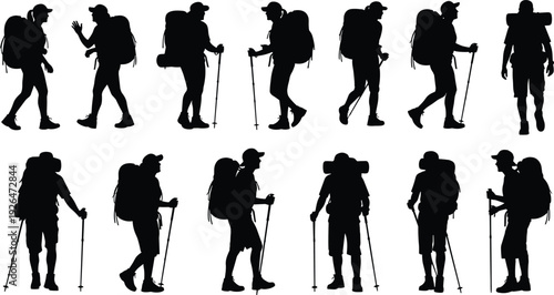 Backpacker hiker silhouettes with trekking poles and gear, mountain adventure travelers isolated on white background illustration set