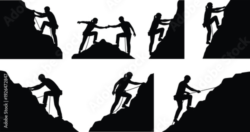 Rock Climbing and Mountaineering Silhouette Collection Featuring Climbers Ascending Steep Cliff Faces with Rope Safety Gear Vector Illustration Set