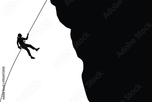 Rock Climber Rappelling Down Steep Cliff Silhouette Extreme Adventure Sport and Outdoor Mountaineering Vector Illustration