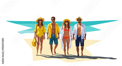 A low-poly illustration depicts four people walking beachside in swimwear with hats and sunglasses, enjoying a sunny day at the coast with turquoise water.