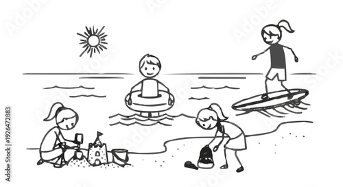 A black and white vector illustration of children playing at the beach