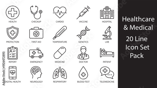 Collection of minimalist  Healthcare and Medical  Line icons  set, representing essential medical services treatment procedures and healthcare concepts for clinical design applications