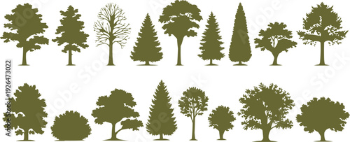 The image features a collection of olive green tree silhouettes, arranged in two rows of eight. Each tree is depicted in a stylized silhouette, showcasing a variety of species and sizes, adding visual