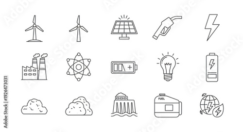 Collection of energy icons representing renewable and sustainable power sources for a green future.