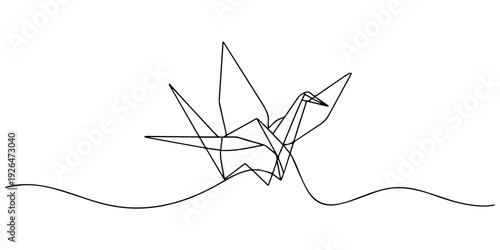 Continuous one line drawing of origami of crane bird. One line drawing illustration of origami. Japanese art concept line art. Editable outline,  One line drawing illustration of origami. Japanese art