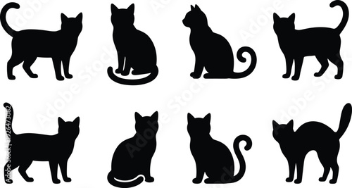 Black cat silhouette collection showing different poses sitting standing walking isolated on white background vector illustration for design use