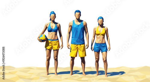 Low poly art depicting a diverse beach volleyball team standing on sand, bathed in sunlight, showcasing modern athletic aesthetics and team spirit in a geometric style.