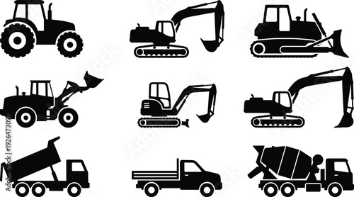 Set of construction vehicle silhouettes including excavator, bulldozer, tractor and trucks arranged in grid, black vector heavy equipment icons isolated on gray background