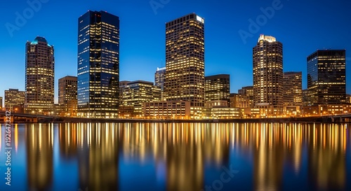Modern City Skyline Reflection in Water. Hartford Connecticut Skyline.