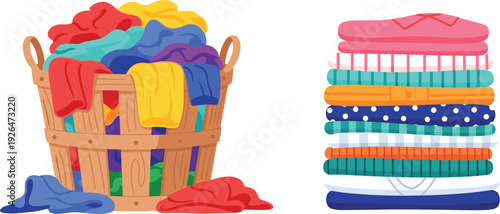 Laundry Basket with Dirty Clothes and Folded Clean Stack Vector Illustration