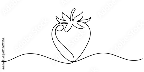 Strawberries continuous one line drawing minimalist style vector illustration, Strawberry in one line art style. Drawing of a ripe berry with leaves, made by a continuous line with editable black pro.