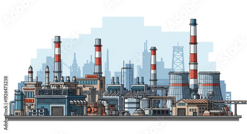 Industrial complex illustration showcasing factories, chimneys, and infrastructure in a detailed urban setting.