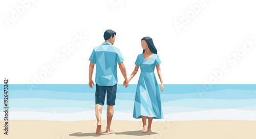 Stylized low polygon art of a couple walking hand-in-hand on a sandy beach with blue water, evokes a sense of love, vacation, and modern design.