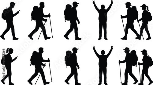 Set of hiking people silhouettes with backpacks and trekking poles in various poses, black vector hikers collection isolated on gray background for outdoor design