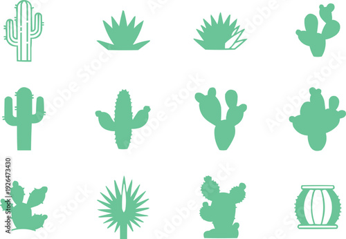 The image features a collection of twelve minimalist, light green icons representing various types of cacti and succulent plants. These icons are arranged in a neat grid pattern against a clean 