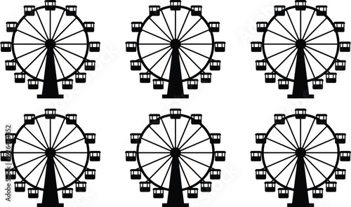 Set of six black ferris wheel silhouettes arranged in grid pattern on gray background, minimal vector amusement park illustration for graphic design use