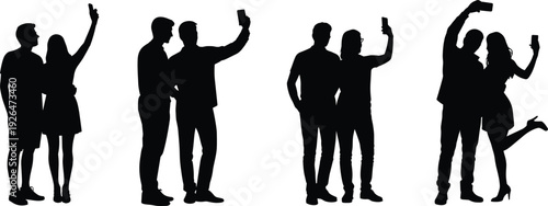Black silhouettes of couples taking selfies with smartphones isolated on white background representing love, friendship, social media and modern lifestyle