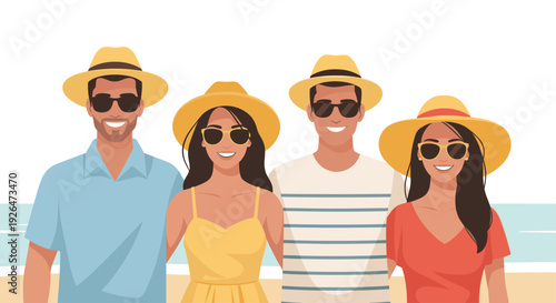 Four friends smile and pose on the beach in yellow hats and sunglasses, creating a happy and vibrant vacation mood, perfect for travel and lifestyle content.