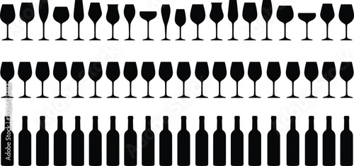 Set of wine glasses and bottles silhouettes in various shapes, black vector drinkware collection arranged in rows isolated on gray background