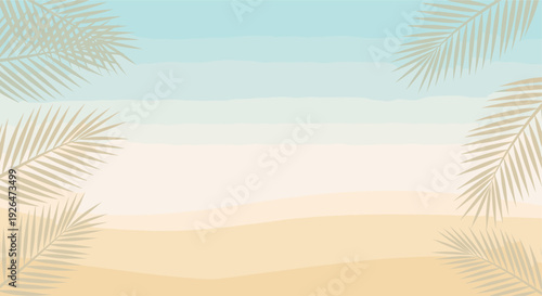 A serene beach scene is framed by palm leaves, evoking a tranquil, summery mood; ideal for backgrounds, promotions, and creative projects with a tropical theme.