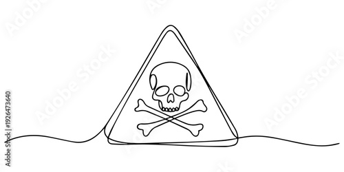 triangular warning sign with skull and crossbones continuous one line drawing, Danger triangle sign with skull and crossbones. hazard Warning icon symbol of death outline vector illustration, Deadly.