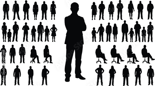 Black silhouettes of diverse people with central leader figure isolated on white background representing leadership, management, hierarchy and social structure