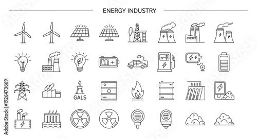 Energy industry icons representing various power generation methods and sources.