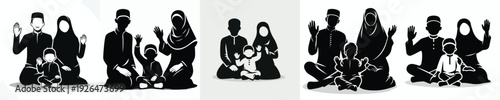 vector silhouette of a Muslim family sitting waving their hands