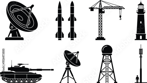 Technology and Industrial Infrastructure Silhouette Icon Set Featuring Satellite Dish, Rockets, Crane, Lighthouse, Tank, Radar Tower and Communication Antenna Vector Collection