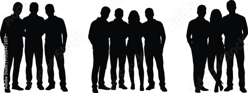 Black silhouettes of groups of people standing together isolated on white background representing teamwork, community, unity, diversity and social identity