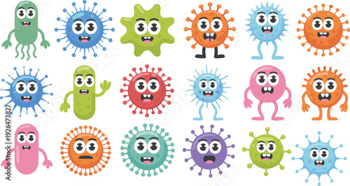 Cartoon microbes, bacteria and viruses with cute faces, colorful germs characters, educational illustration for kids learning health hygiene, flat vector illustration