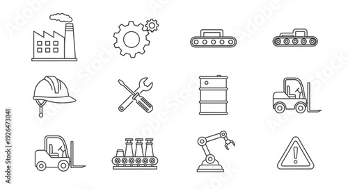 Industrial Icons Depicting Manufacturing, Production, and Factory Processes.