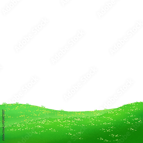 Vibrant green hillside with scattered wildflowers and lush grass