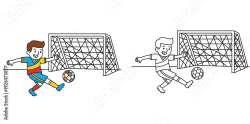 Cartoon boy playing soccer kicking ball into goal net colorful illustration and black and white line art coloring page vector design