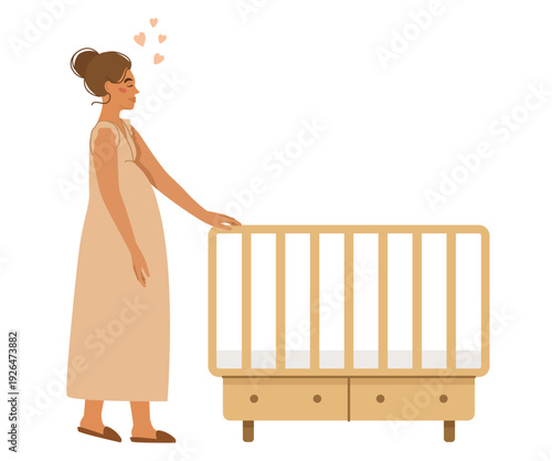 Pregnant young woman stands in the nursery, next to the crib. A beautiful expectant mother. Family-themed vector illustration.
