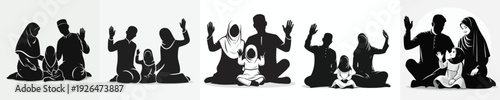 vector silhouette of a Muslim family sitting waving their hands