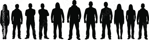 Black silhouettes of men and women standing in a row isolated on white background representing diversity, equality, identity and human presence