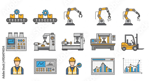 Industrial automation and manufacturing process with robotic arms and machines.