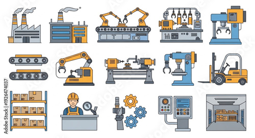 Industrial automation and manufacturing processes with robotic arms and machinery.