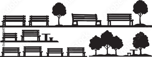 Park benches and trees in black silhouette style