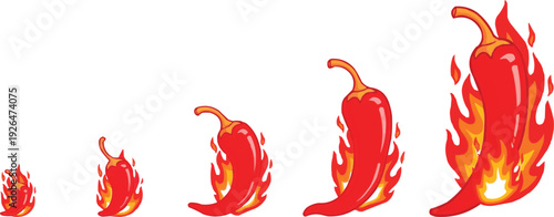 The image features five red chili peppers, each surrounded by flames, with their sizes gradually increasing from left to right. The vibrant red color of the chili peppers contrasts sharply 