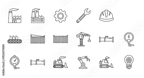 Industrial and construction icons representing various tools and equipment for engineering and manufacturing.