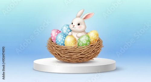 Easter bunny sitting in a wicker nest with colorful eggs on a white pedestal against a blue gradient background