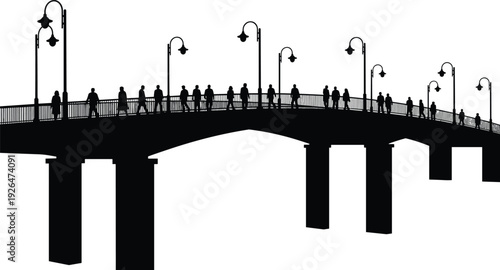 Pedestrian bridge silhouette with people walking and vintage street lamps architectural structure for urban city travel landscape park and outdoor community design