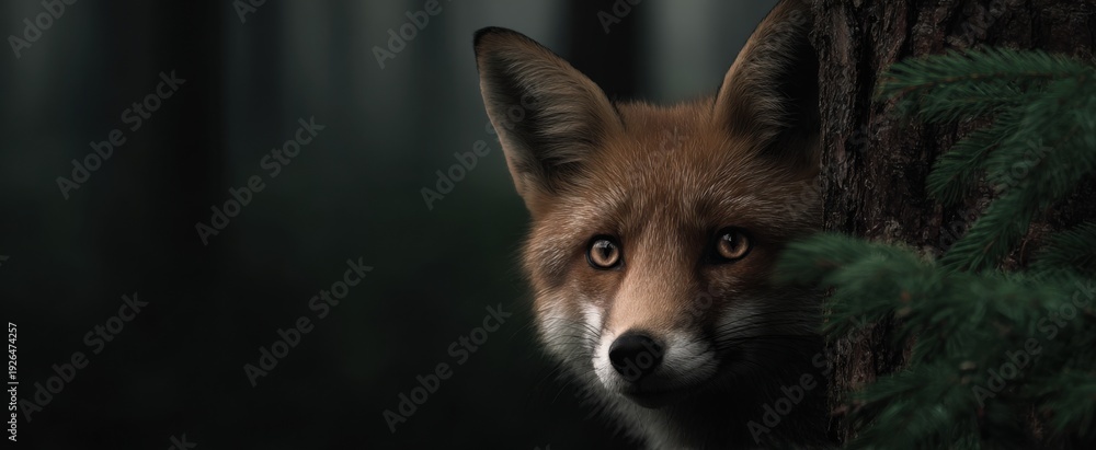 Fototapeta premium the inquisitive fox peering cautiously from behind a sturdy tree in a dense forest