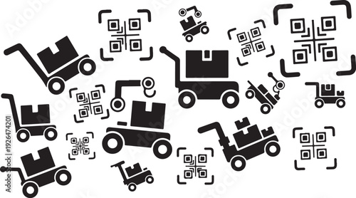 Black and white shopping cart icons with QR codes