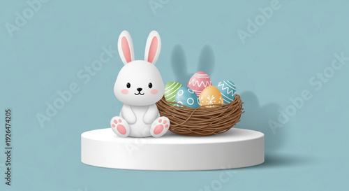 White easter bunny figurine sitting next to a wicker basket with colorful eggs on a white podium against a light blue background
