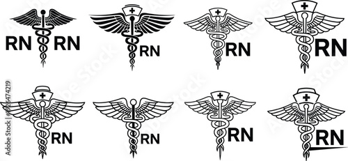 Registered nurse RN caduceus medical symbol set featuring winged staff with snakes and nursing caps for healthcare professional emergency medicine and clinic nursing staff