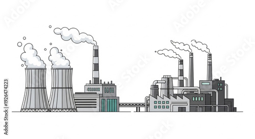 Industrial complex illustration depicting factories with smoke stacks and emissions.